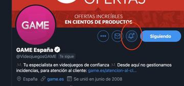 Al hacer clic en la campana recibirás un mensaje cuando publiquen nuevos tuits. Algunas tiendas tuitean muchas veces al día. En GAME, lo más recomendable es su microsite.