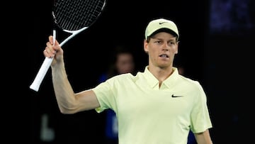 Tennis - Australian Open - Melbourne Park, Melbourne, Australia - January 18, 2025 Italy's Jannik Sinner celebrates after winning his third round match against Marcos Giron of the U.S. REUTERS/Kim Kyung-Hoon