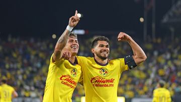 Henry Martin celebrates his goal 2-1 with Cristian Calderon of America during the match between America and Atlas as part of Round of 32 of the 2024 Leagues Cup at Snapdragon Stadium on August 09, 2024 in San Diego, California, United States.