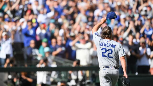 Sep 28, 2025; Seattle, Washington, USA; Los Angeles Dodgers starting pitcher Clayton Kershaw (22) waves to the crowd after being pulled from the game during the sixth inning against the Seattle Mariners at T-Mobile Park. Mandatory Credit: Steven Bisig-Imagn Images