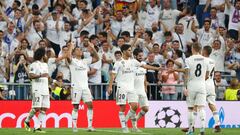 Soccer Football - Champions League - Group Stage - Group G - Real Madrid v AS Roma - Santiago Bernabeu, Madrid, Spain - September 19, 2018  Real Madrid&#039;s Mariano celebrates scoring their third goal with team mates           REUTERS/Paul Hanna