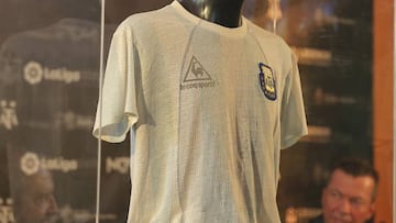 MADRID, SPAIN - AUGUST 25: The jersey Diego Maradona wore in the 1986 World Cup final is on display during a ceremony at Argentina Embassy in Madrid, Spain on August 25, 2022. At a ceremony held at the Argentina Embassy in Madrid, Lothar Matthaus, who traded shirts with Diego Maradona during halftime of Argentina's victory in the final in Mexico, brought the iconic jersey back. The jersey will be on display in the capital of Spain's new soccer museum called ''Legends''. (Photo by Senhan Bolelli/Anadolu Agency via Getty Images)