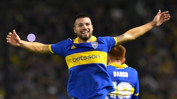 Boca Juniors' defender Marcelo Weigandt celebrates after scoring during the Copa Libertadores group stage second leg football match between Argentina's Boca Juniors and Venezuela's Monagas at La Bombonera stadium in Buenos Aires on June 29, 2023. (Photo by JUAN MABROMATA / AFP)