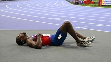 US' Noah Lyles reacts after competing in the men's 200m final of the athletics event at the Paris 2024 Olympic Games at Stade de France in Saint-Denis, north of Paris, on August 8, 2024. (Photo by Jewel SAMAD / AFP)