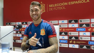 Spain&#039;s defender Sergio Ramos gives a press conference at the Benito Villamarin stadium in Sevilla on October 14, 2018, on the eve of the UEFA Nations League football match between Spain and England. (Photo by CRISTINA QUICLER / AFP)