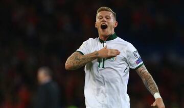 Republic of Ireland's midfielder James McClean celebrates victory after the group D World Cup qualifying football match between Wales and Republic of Ireland at Cardiff City Stadium in Cardiff on October 10, 2017.  Republic of Ireland beat Wales 1-0.