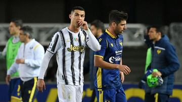 Juventus' Portuguese forward Cristiano Ronaldo reacts at the end of the Italian Serie A football match Hellas Verona vs Juventus Turin on February 27, 2021 at the Marcantonio-Bentegodi stadium in Verona. (Photo by Isabella BONOTTO / AFP)