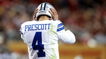 SANTA CLARA, CALIFORNIA - JANUARY 22: Dak Prescott #4 of the Dallas Cowboys reacts during the second half of the game against the San Francisco 49ers in the NFC Divisional Playoff game at Levi's Stadium on January 22, 2023 in Santa Clara, California.   Lachlan Cunningham/Getty Images/AFP (Photo by Lachlan Cunningham / GETTY IMAGES NORTH AMERICA / Getty Images via AFP)