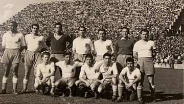 27 de mayo de 1951 (Torrero). Real Zaragoza, 6 - M&aacute;laga, 2. Quiz&aacute; el partido m&aacute;s brillante hasta entonces del Real Zaragoza en su historia. De izquierda a derecha, Cabido, Jugo, Candi, Careaga, Ojinaga, Sant&iacute;n y Hrotk&oacute;. 