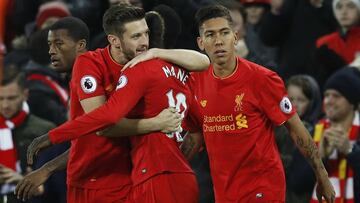 Football Soccer Britain - Liverpool v West Ham United - Premier League - Anfield - 11/12/16 Liverpool&#039;s Adam Lallana celebrates scoring their first goal with Sadio Mane and Roberto Firmino  Reuters / Phil Noble Livepic EDITORIAL USE ONLY. No use with