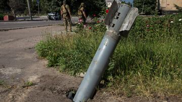 An unexploded shell of a multiple rocket launch system is seen stuck in the ground, as Russia's attack on Ukraine continues, in the town of Lysychansk, Luhansk region, Ukraine June 10, 2022. Picture taken June 10, 2022. REUTERS/Oleksandr Ratushniak