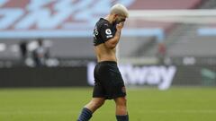 Manchester City&#039;s Sergio Aguero walks off the pitch at half-time during the English Premier League soccer match between West Ham and Manchester City, at the London Olympic Stadium Saturday, Oct. 24, 2020. (Paul Childs, Pool via AP)