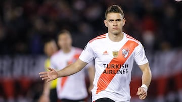 AME9306. BUENOS AIRES (ARGENTINA), 22/08/2019.- Rafael Santos Borre de River Plate celebra un gol este jueves en un partido de los cuartos de final de la Copa Libertadores entre River Plate y Cerro Porte&ntilde;o, en el estadio Monumental en Buenos Aires (Argentina). EFE/Juan Ignacio Roncoroni