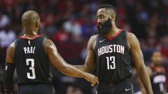 Nov 27, 2017; Houston, TX, USA; Houston Rockets guard Chris Paul (3) and guard James Harden (13) talk during the second quarter against the Brooklyn Nets at Toyota Center. Mandatory Credit: Troy Taormina-USA TODAY Sports