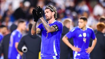 Mar 26, 2024; Los Angeles, Calfornia, USA; Argentina midfielder Rodrigo De Paul (7) gestures towards the crowd after a game against Costa Rica at LA Memorial Coliseum. Mandatory Credit: Jessica Alcheh-USA TODAY Sports