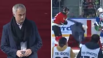 Mou on ice: The Special One takes a tumble at Moscow ice hockey match