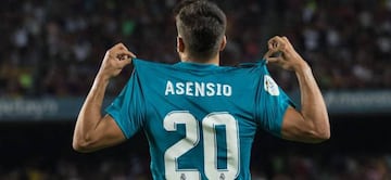 Asensio celebra su gol en el Camp Nou en la ida de la Supercopa de España de 2017.