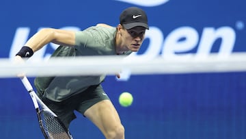 Italy's Jannik Sinner eyes the ball during the men's quarterfinals match against Russia's Daniil Medvedev on day ten of the US Open tennis tournament at the USTA Billie Jean King National Tennis Center in New York City, on September 4, 2024. (Photo by CHARLY TRIBALLEAU / AFP)