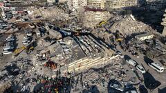 MARAS, TURKEY - FEBRUARY 9: Drone view of destroyed buildings as search and rescue efforts continue on February 9, 2023 in Maras, Türkiye. An earthquake with a magnitude of 7.8 occurred in the Pazarcık district of Kahramanmaraş at 04:17; and also at 13.24, two earthquakes with a magnitude of 7.6 occurred in the district of Elbistan. (Photo by Ahmet Akpolat / dia images via Getty Images)