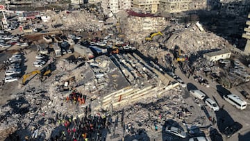 MARAS, TURKEY - FEBRUARY 9: Drone view of destroyed buildings as search and rescue efforts continue on February 9, 2023 in Maras, Türkiye. An earthquake with a magnitude of 7.8 occurred in the Pazarcık district of Kahramanmaraş at 04:17; and also at 13.24, two earthquakes with a magnitude of 7.6 occurred in the district of Elbistan. (Photo by Ahmet Akpolat / dia images via Getty Images)