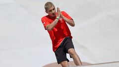 TOKYO, JAPAN - JULY 25: Angelo Caro Narvaez of Team Peru reacts at the Skateboarding Men&#039;s Street Prelims on day two of the Tokyo 2020 Olympic Games at Ariake Urban Sports Park on July 25, 2021 in Tokyo, Japan. (Photo by Dan Mullan/Getty Images)