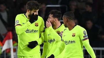 Soccer Football - Champions League - Group Stage - Group B - PSV Eindhoven v FC Barcelona - Philips Stadium, Eindhoven, Netherlands - November 28, 2018  Barcelona&#039;s Gerard Pique celebrates scoring their second goal with teammate Lionel Messi   REUTER