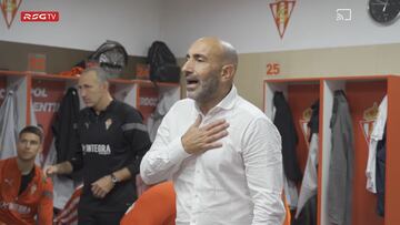 17-10-2022. ABELARDO, TRAS EL TRIUNFO DEL SPORTING SOBRE EL EIBAR (2-0), AGRADECIENDO A SUS JUGADORES EL ESFUERZO.