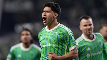 SEATTLE, WA - NOVEMBER 03: Midfielder Obed Vargas (18) of Seattle Sounders FC celebrates his first half goal during a MLS Cup Playoff game between the Seattle Sounders and Minnesota United FC on November 3, 2025 at Lumen Field in Seattle, WA. (Photo by Jeff Halstead/Icon Sportswire via Getty Images)