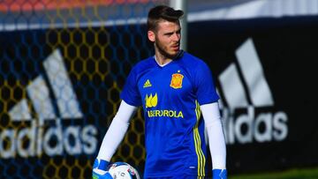 David De Gea of Spain looks on during a training session. 