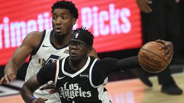 Reggie Jackson #1 of the Los Angeles Clippers drives to the basket against Donovan Mitchell #45 of the Utah Jazz during the second half in Game Six of the Western Conference second-round playoff series at Staples Center on June 18, 2021 in Los Angeles, Ca