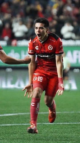 Gilberto Mora celebrates his goal 3-0 of Tijuana during the quarter-final first match between Tijuana and Tigres UANL as part of the Liga BBVA MX, Torneo Apertura 2025 at Caliente Stadium, on November 26, 2025 in Tijuana, Baja California,, Mexico.