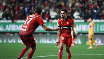 Gilberto Mora celebrates his goal 3-0 of Tijuana during the quarter-final first match between Tijuana and Tigres UANL as part of the Liga BBVA MX, Torneo Apertura 2025 at Caliente Stadium, on November 26, 2025 in Tijuana, Baja California,, Mexico.