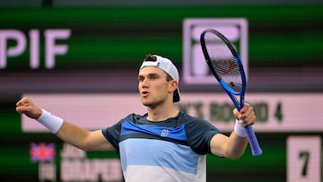 Mar 12, 2025; Indian Wells, CA, USA; Jack Draper (GBR) celebrates at match point defeating Taylor Fritz (not pictured) in the fourth round of the BNP Paribas Open at the Indian Well Tennis Garden. Mandatory Credit: Jayne Kamin-Oncea-Imagn Images