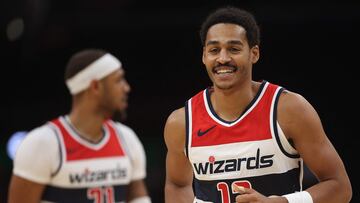 WASHINGTON, DC - OCTOBER 10: Jordan Poole #13 of the Washington Wizards smiles against the Cairns Taipans during the first half of a preseason game at Capital One Arena on October 10, 2023 in Washington, DC. NOTE TO USER: User expressly acknowledges and agrees that, by downloading and or using this photograph, User is consenting to the terms and conditions of the Getty Images License Agreement.   Patrick Smith/Getty Images/AFP (Photo by Patrick Smith / GETTY IMAGES NORTH AMERICA / Getty Images via AFP)