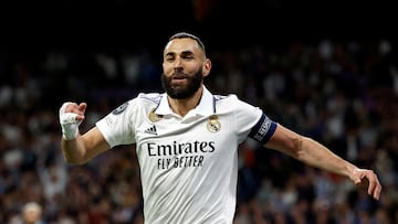 FILE PHOTO: Soccer Football - Champions League - Quarter Finals - First Leg - Real Madrid v Chelsea - Santiago Bernabeu, Madrid, Spain - April 12, 2023 Real Madrid's Karim Benzema celebrates scoring their first goal REUTERS/Juan Medina/File Photo