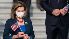 US Speaker of the House Nancy Pelosi leads members of the House of Representatives in a moment of silence at the US Capitol in Washington, DC, to commemorate the 19th anniversary of the 9/11 attacks, on September 11, 2020. (Photo by Alex Edelman / AFP)