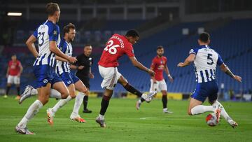 Soccer Football - Premier League - Brighton &amp; Hove Albion v Manchester United - The American Express Community Stadium, Brighton, Britain - June 30, 2020 Manchester United&#039;s Mason Greenwood scores their first goal, as play resumes behind closed d