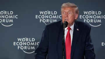 FILE PHOTO: U.S. President Donald Trump speaks during a reception with business leaders at the 56th annual World Economic Forum (WEF), in Davos, Switzerland, January 21, 2026. REUTERS/Jonathan Ernst/File Photo