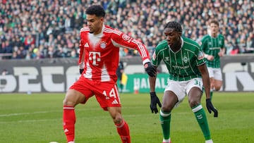 Bayern Munich's Colombian forward #14 Luis Diaz (L) and Bremen's German defender #31 Karim Coulibaly vie for the ball during the German first division Bundesliga football match between SV Werder Bremen and FC Bayern Munich in Bremen, northern Germany February 14, 2026. (Photo by Focke Strangmann / AFP) / DFL REGULATIONS PROHIBIT ANY USE OF PHOTOGRAPHS AS IMAGE SEQUENCES AND/OR QUASI-VIDEO