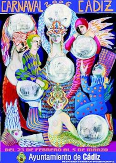 La artista gaditana presentó una lámina en la que varias figuras disfrazadas sostienen esferas que encierran algunos de los lugares más emblemáticos de Cádiz.