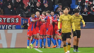 Viktoria Plzen's players celebrate after scoring during the UEFA Europa League football match between Viktoria Plzen and Real Sociedad in Plzen, on November 7, 2024. (Photo by Michal CIZEK / AFP)