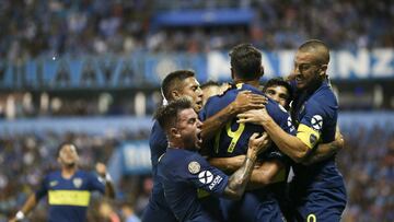 CORDOBA, ARGENTINA - FEBRUARY 10: Lisandro Lopez of Boca Juniors celebrates with teammates after scoring the first goal of his team during a match between Belgrano and Boca Juniors as part of Superliga 2018/19 at Estadio Gigante de Alberdi on February 10, 2019 in Cordoba, Argentina. (Photo by Agustin Marcarian/Getty Images)