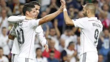 James y Benzema, el volante colombiano y el delantero francés del Real Madrid.