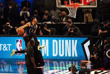 Obi Toppin of the New York Knicks competes in the AT&T Slam Dunk Contest during the 70th NBA All-Star Game.