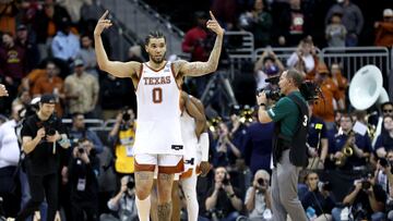 KANSAS CITY, MISSOURI - MARCH 24: Timmy Allen #0 of the Texas Longhorns celebrates after defeating the Xavier Musketeers 83-71 during the Sweet 16 round of the NCAA Men's Basketball Tournament at T-Mobile Center on March 24, 2023 in Kansas City, Missouri.   Jamie Squire/Getty Images/AFP (Photo by JAMIE SQUIRE / GETTY IMAGES NORTH AMERICA / Getty Images via AFP)