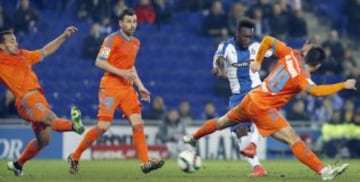 El defensa portugués del RCD Espanyol Felipe Caicedo chuta para conseguir su segundo gol ante el Valencia.