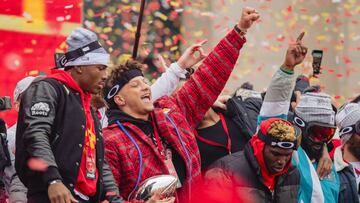 KANSAS CITY, MO - FEBRUARY 05: Patrick Mahomes #15 of the Kansas City Chiefs celebrates with the Super Bowl MVP trophy during the Kansas City Chiefs Victory Parade on February 5, 2020 in Kansas City, Missouri.   Kyle Rivas/Getty Images/AFP
 == FOR NEWSPAP