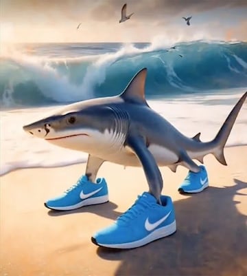 Un tibur¨®n con patas humanas y zapatillas Nike.