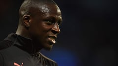 (FILES) In this file photo taken on October 22, 2019 Manchester City&#039;s French defender Benjamin Mendy warms up for the UEFA Champions League Group C football match between Manchester City and Atalanta at the Etihad Stadium in Manchester, northwest En