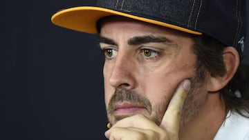 McLaren&#039;s Spanish driver Fernando Alonso looks on during a press conference at the Circuit Paul Ricard in Le Castellet, southern France, on June 21, 2018, a few days ahead of the Formula One Grand Prix de France. / AFP PHOTO / Boris HORVAT